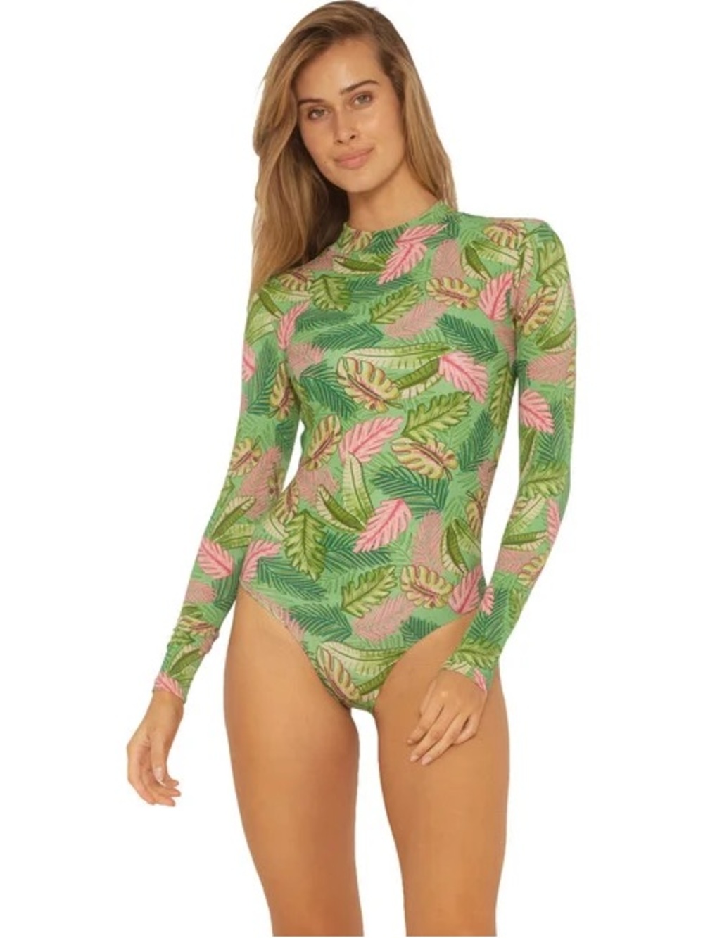 Citrine Riley Green & Pink Tropical Leaf Long Sleeve One-Piece Swimsuit